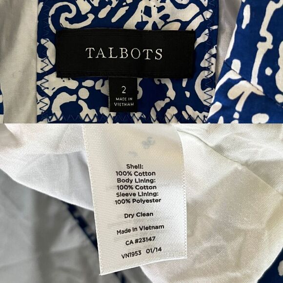 Talbots Womens Size 2 Blue Pasiley Cotton Double Breasted Blazer Jacket Nautical - Picture 3 of 15